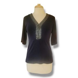 Chicos Beaded Neckline Navy Blue Half Sleeve Tunic. Size M
